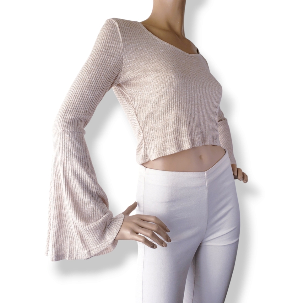Hi-Beam Cream/Sand Bell Sleeve Ribbed Knit Crop Top
